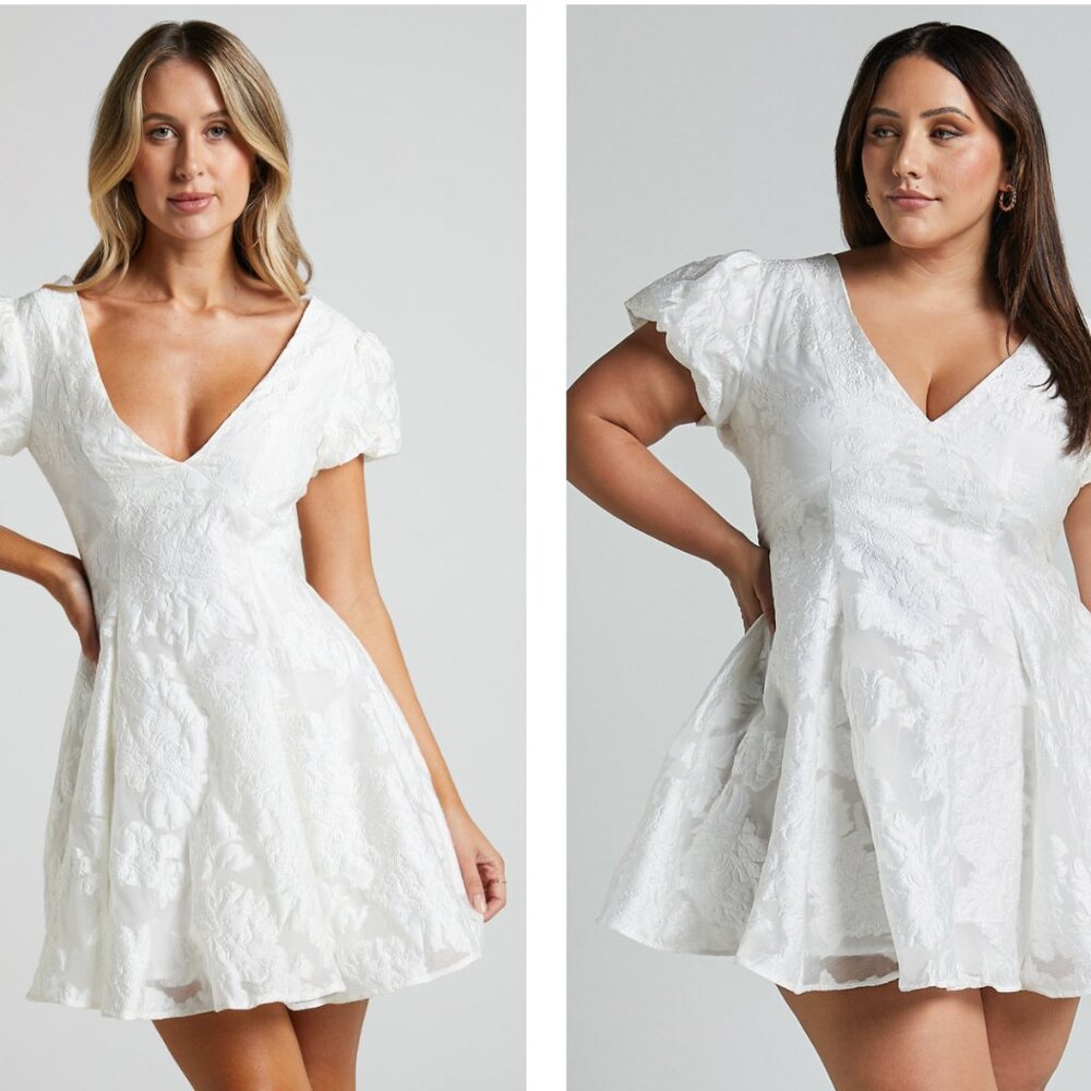 White Mini Dress Puff Sleeves by Brailey Jacquard